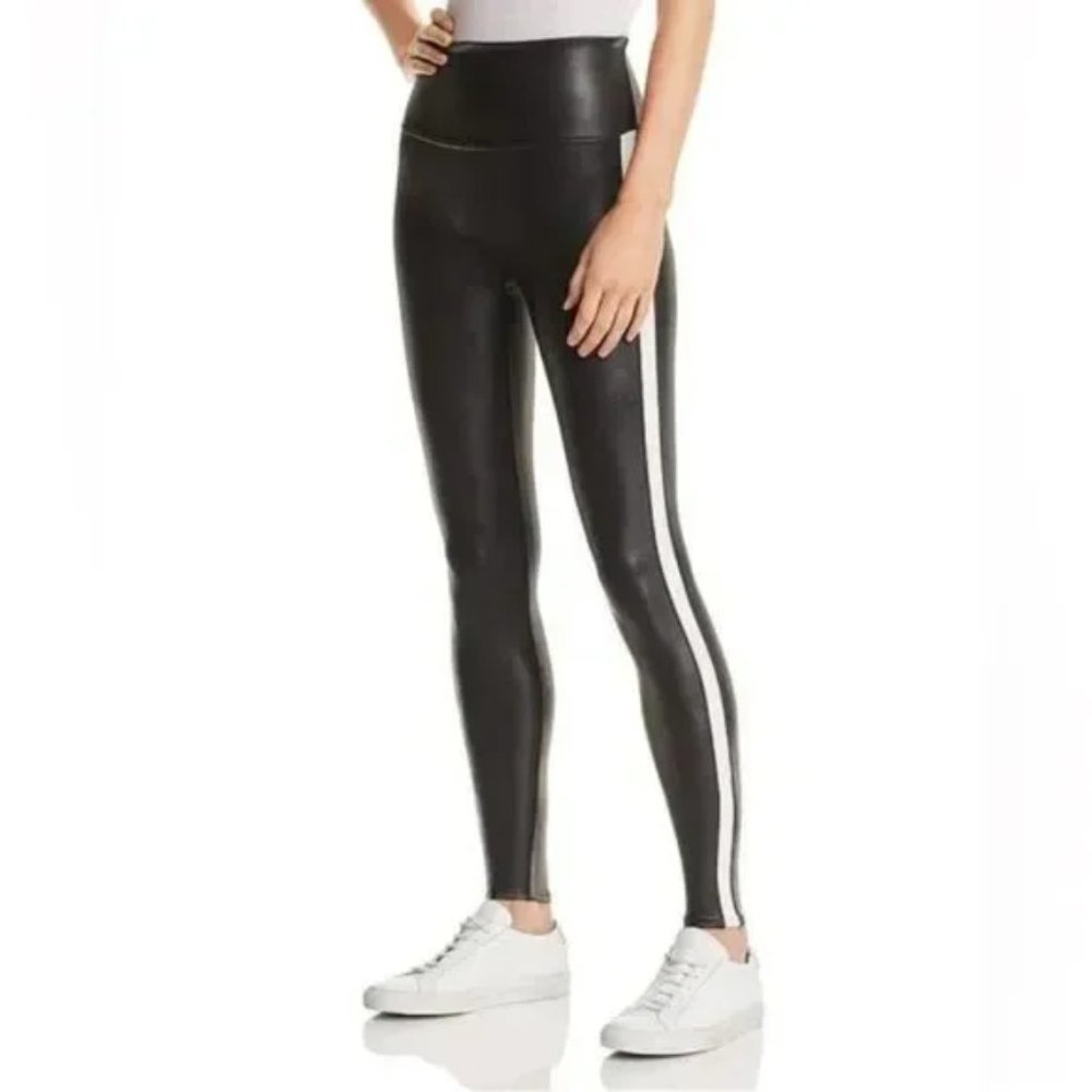 NWT Spanx Black White Faux Leather Stripe Leggings Womens Medium